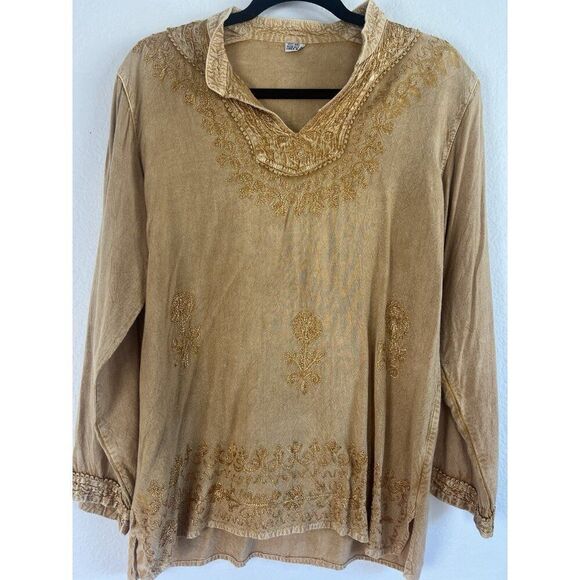 Women Boho Yellow Gold Floral Embroidered Tunic Blouse 3/4 Long Sleeve OS - Picture 8 of 11
